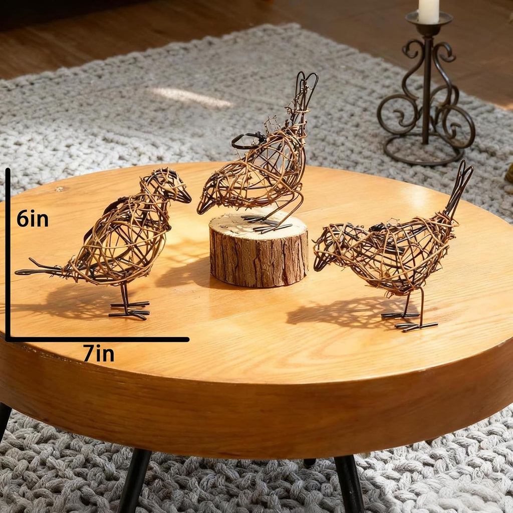Rattan Bird Statues - 3pc Farmhouse Wicker Home Decor Figurines | Bird decor for table & mantel decor. Handwoven