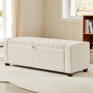 Ottoman with Storage,Tufted Storage Bench with Safety Hinge,Holds up to 350 lb,Upholstered Bench with Seating ,Linen