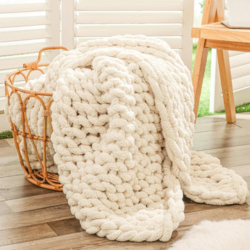 Chunky Knit Throw Blanket, 40x60 inches, 100% Hand Knitted with Thick Jumbo Chenille Yarn, Cozy Soft Large Rope Knot