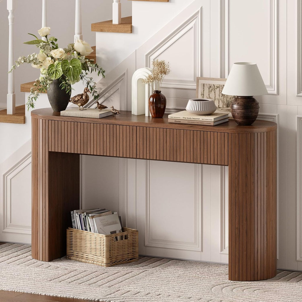 55 Inch Console Table with 2 Drawers, Entryway Tables with Storage,Walnut | Fluted Sofa Table Behind The Couch