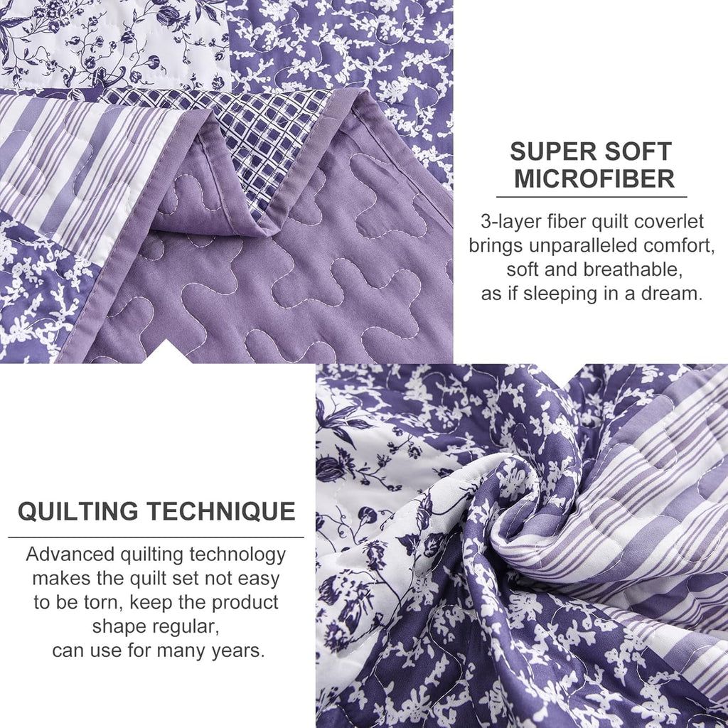 Boho Quilts Queen, Patchwork Reversible Bedding Set, Purple - Set of 3