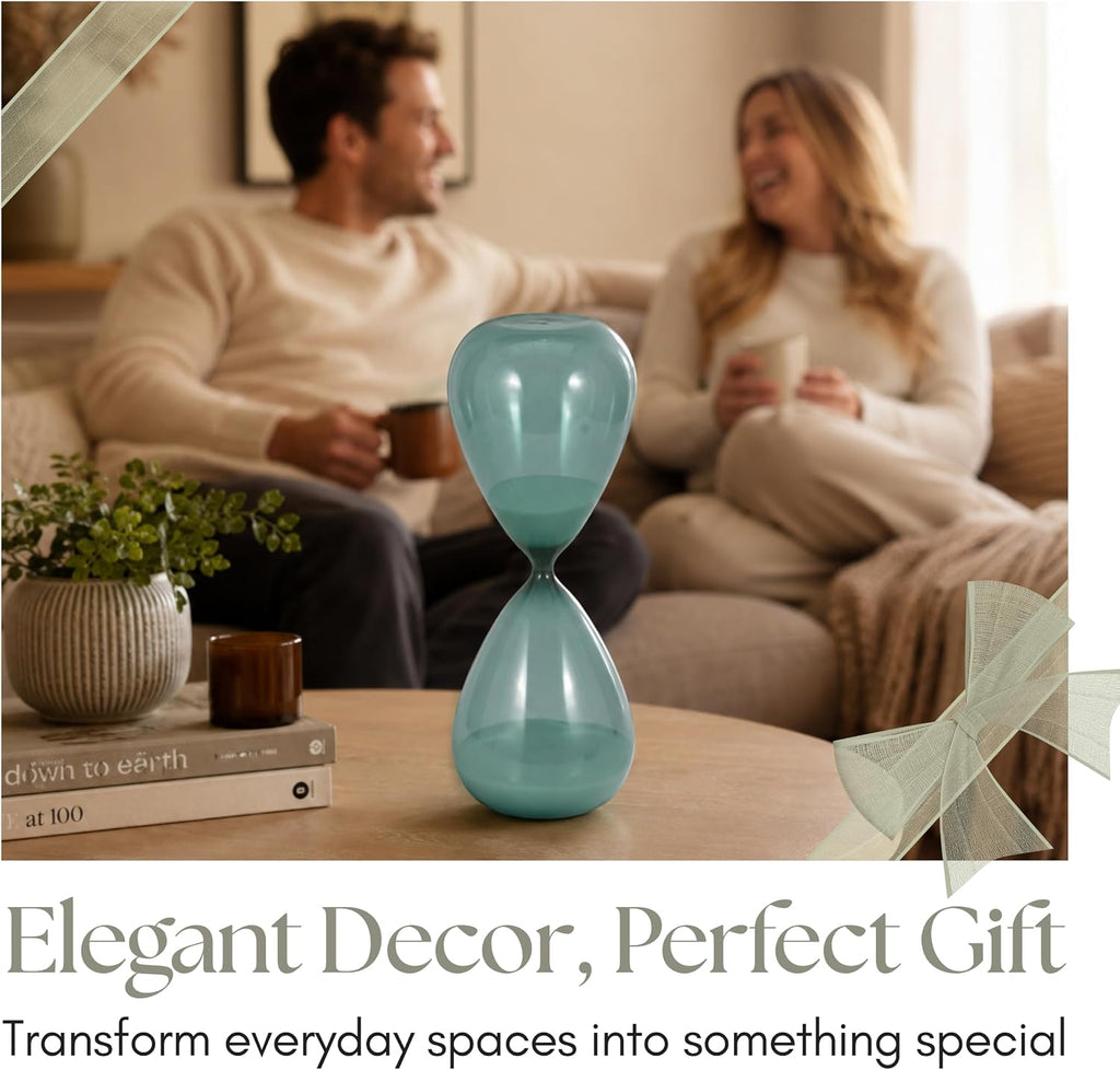 Bombara Teal Hourglass Decorative Object - Small Transparent Glass Sand Timer Modern Home Decor Accent - Shelf &