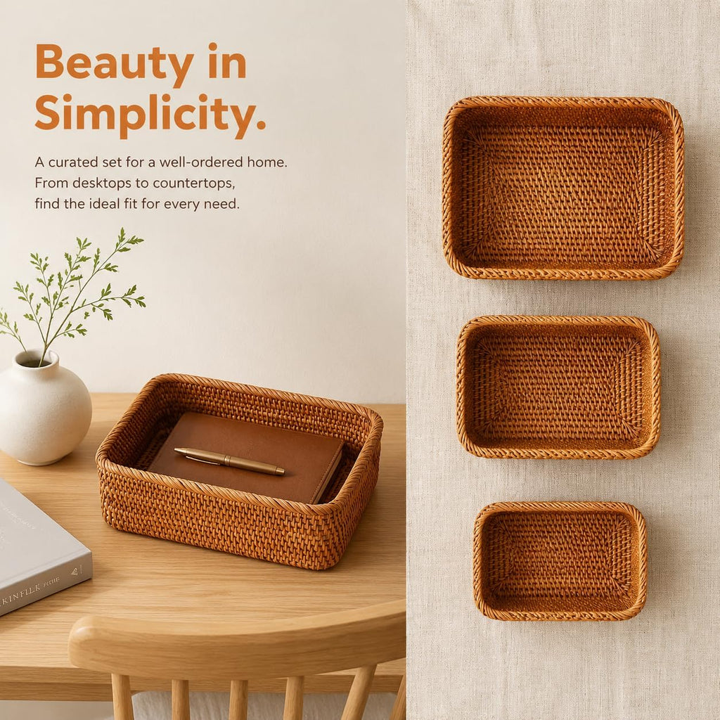 3 Pack Natural Rattan Storage Baskets, Rectangular Woven Fruit Baskets for Decor, Handmade Woven Nesting Bread