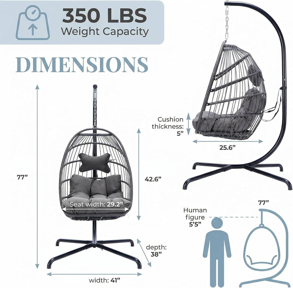 Comfy Indoor Outdoor Egg Chair, Patio Wicker Egg Shaped Swing Chair with Stand, Hanging Basket Seating with Cushion