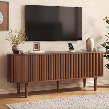 59" TV Stand for 65" TV with Power Outlet, Entertainment Center with Solid Wood Leg, Fluted TV Console with Adjustable Shelf & Sliding Door, Mid-Century Modern TV Stand for Living Room, Walnut