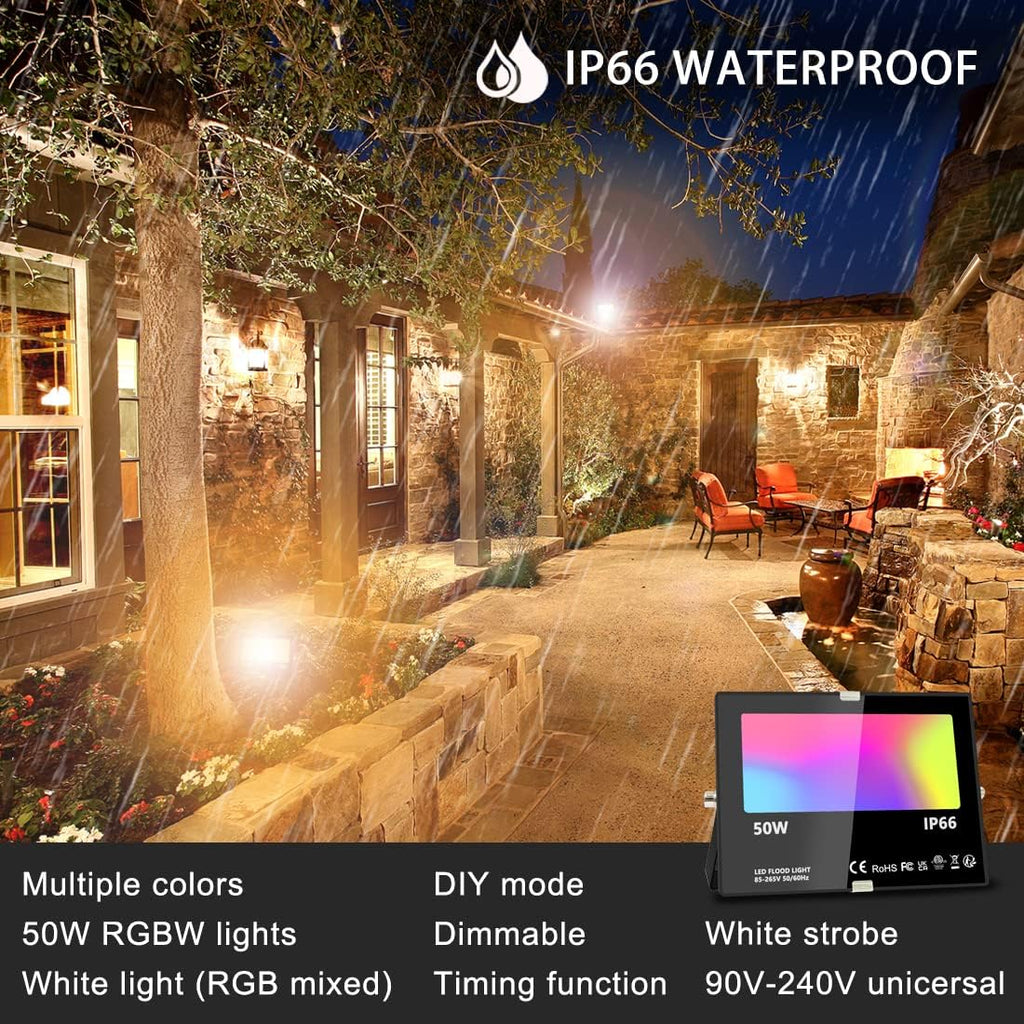 Led Flood Light 500W Equivalent, RGBW Led Outdoor Lights Colored Floodlight | Remote Control, 50W,5000ML 2700K,120