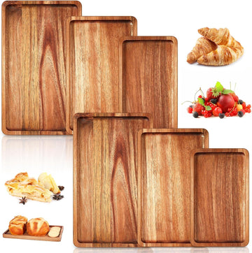 6 Pcs Acacia Wood Serving Trays Wooden Plates for Food 3 Sizes Rectangular Serving Platter Set Natural Wooden Boards