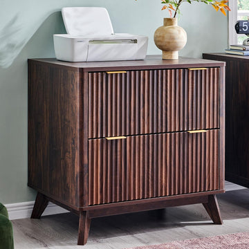 31.8-Inch Fluted 2 Drawer Lateral File Cabinet, Dark Walnut | Filing Cabinet with Files Hanging Rod for Letter