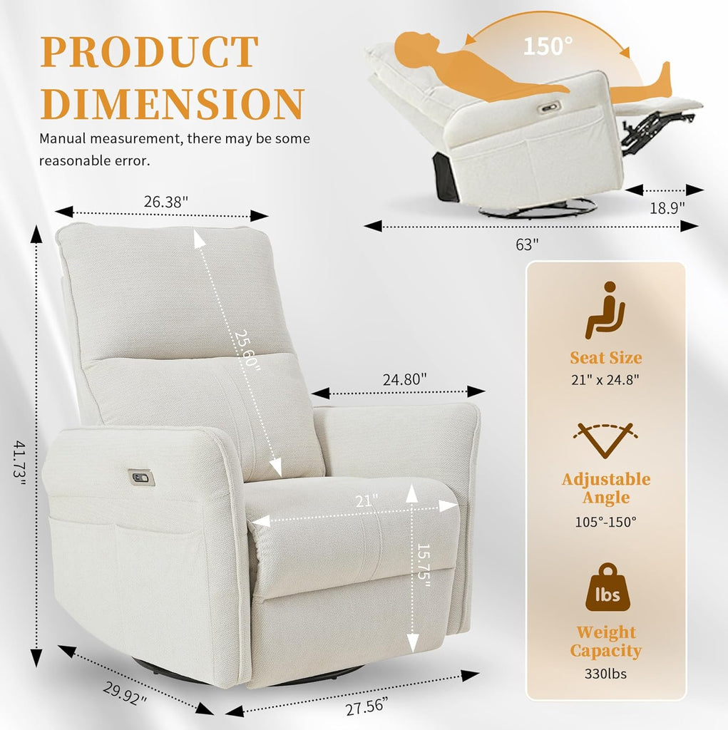 Power Swivel Rocker Recliner Chair, Upholstered Snowflake Velvet 270°Swivel Glider Rocker Chair with USB Ports