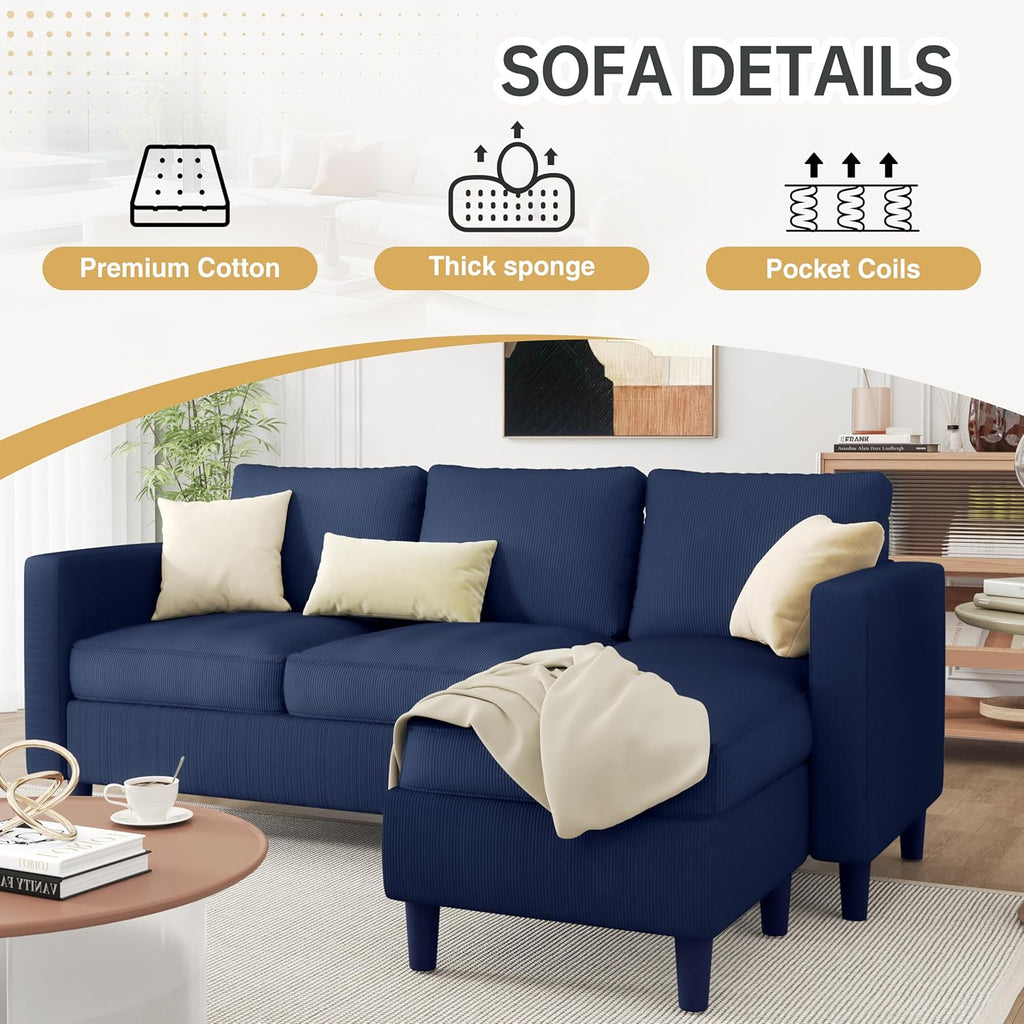 3-Seat Convertible L-Shaped Sectional Sofa with Reversible Ottoman