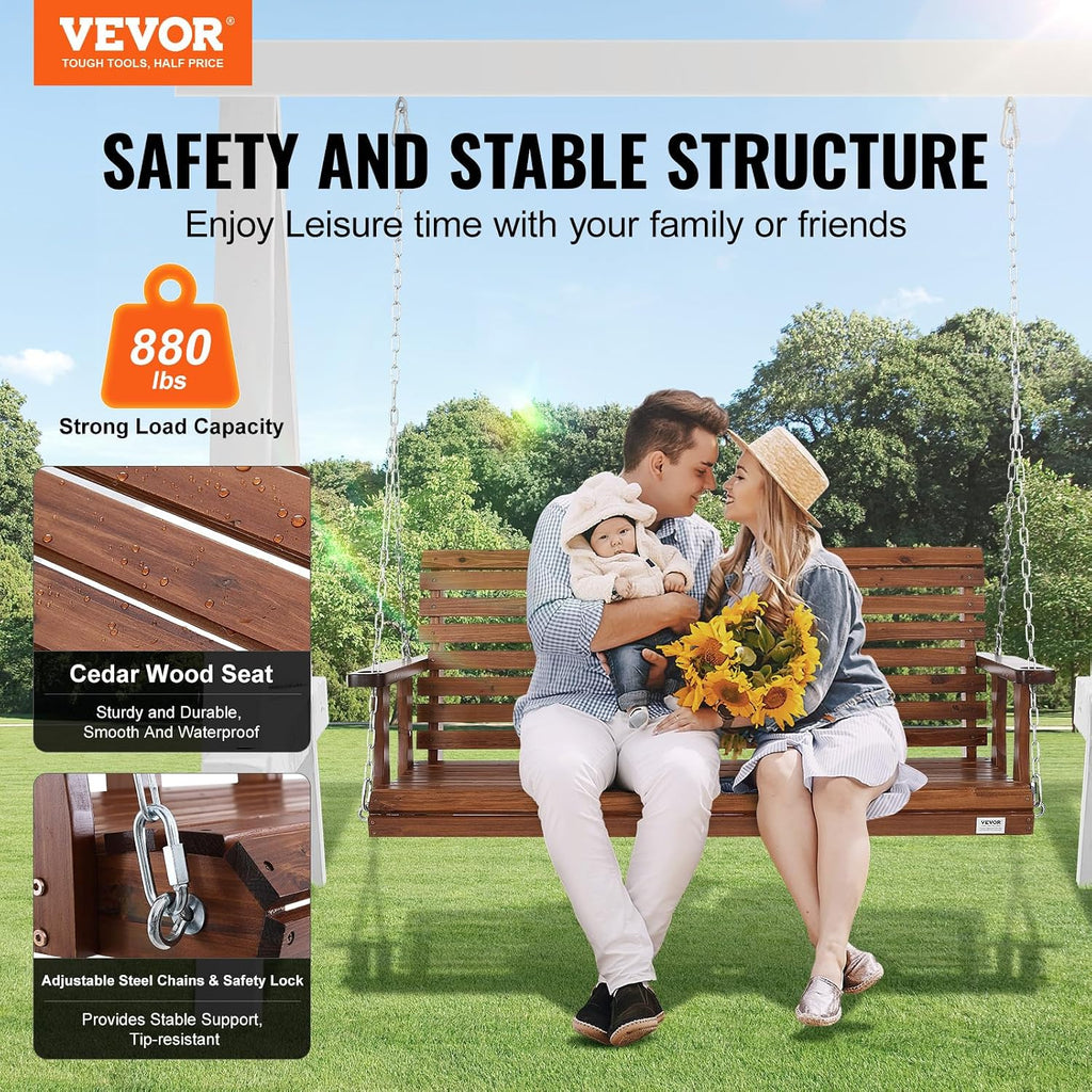 Wooden Porch Swing 5 ft, Patio Bench Swing for Courtyard & Garden, Upgraded 880 lbs Strong Load Capacity, Heavy Duty