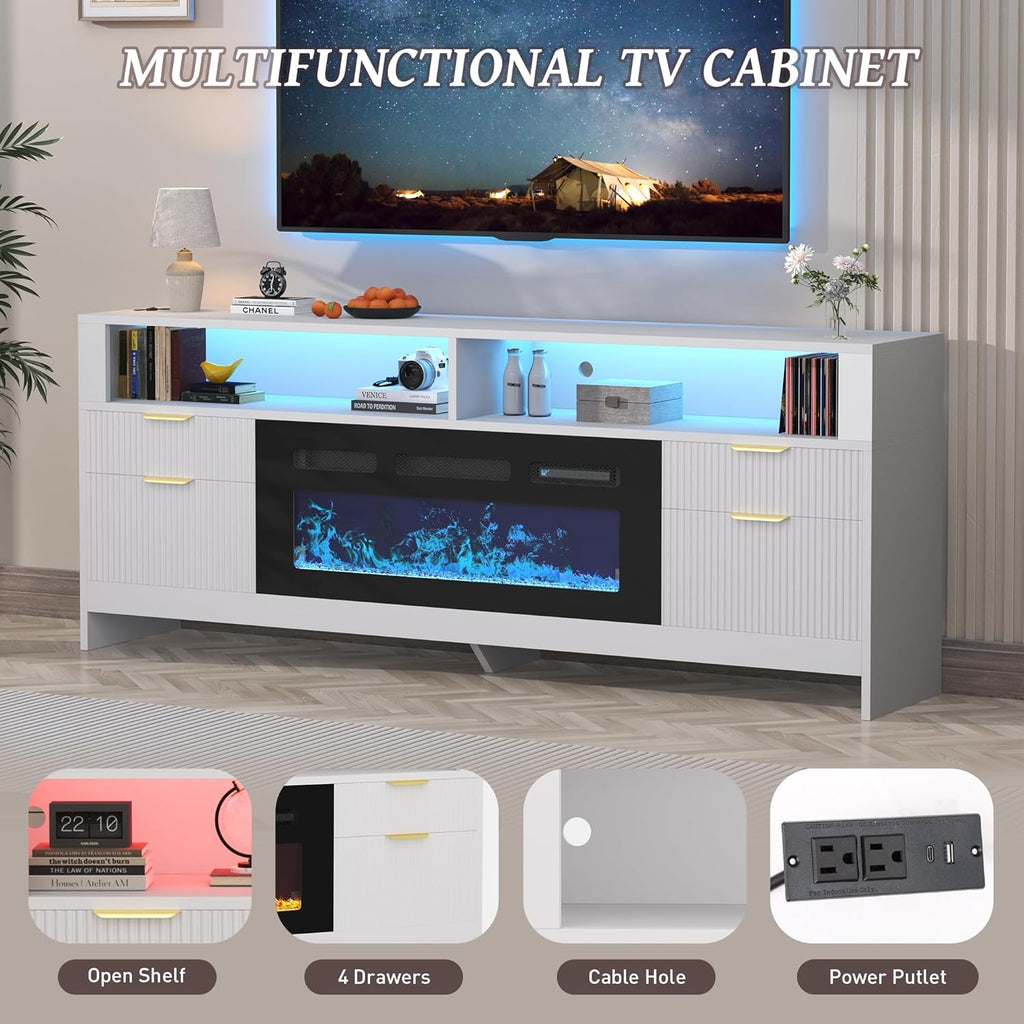Fireplace TV Stand with 36" Fireplace Up to 80" TVs, 70" Entertainment Center with LED Lights, Storage Cabinets