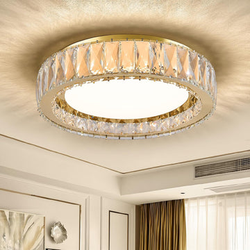 15 Inch Gold Modern Crystal Flush Mount Chandelier,Large Dimmable LED 5CCT 3000K-6000K 36W Round Close to Ceiling