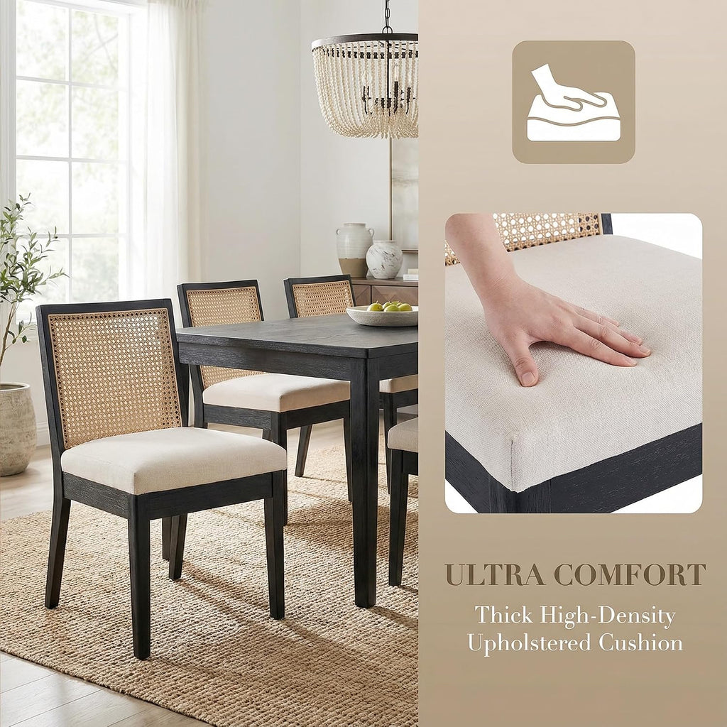 Upholstered Dining Chairs with Square Rattan Back, Armless Padded Linen Cream Cushion Dining Chairs with Wood Legs
