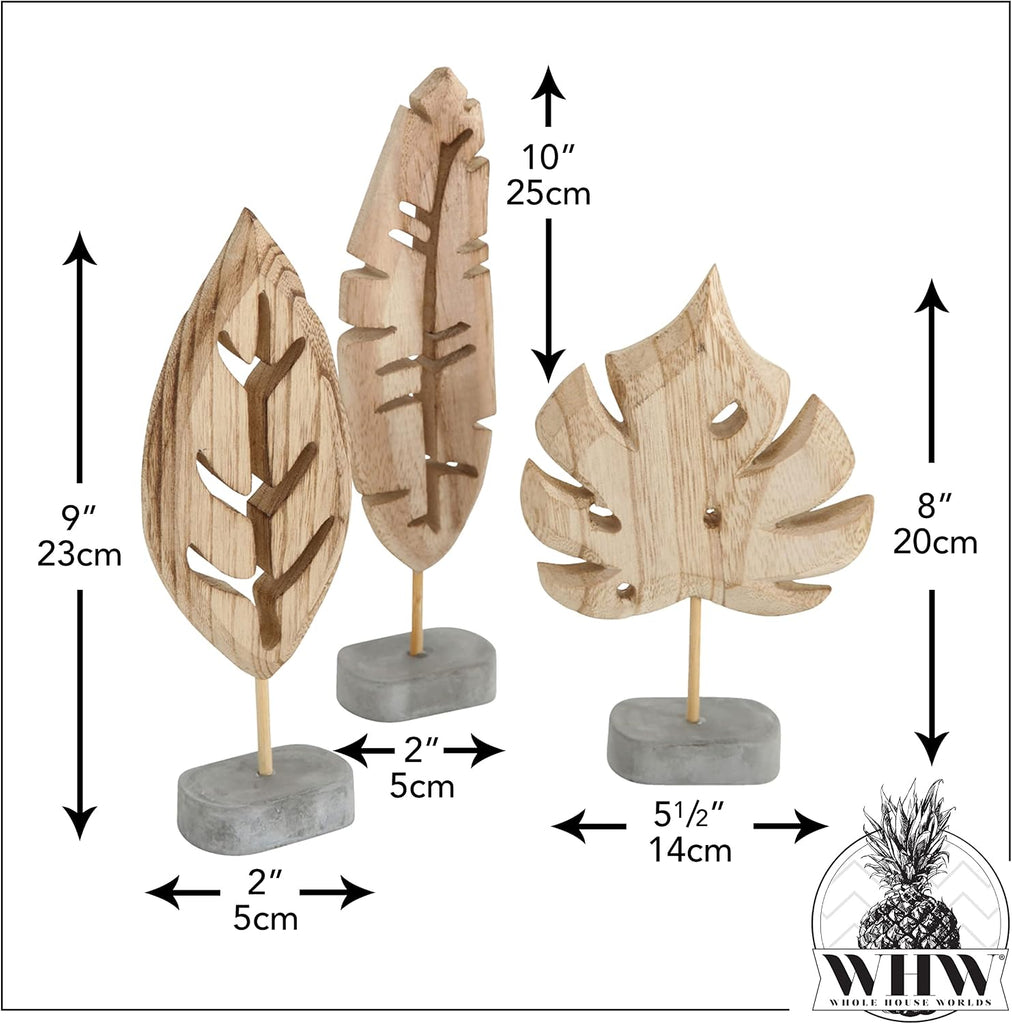 Modernist Leaf Figurines, Set of 3, Hand Carved, Solid Wood, Post Mounted, Grey Gallery Base, 7.75 Inches Each