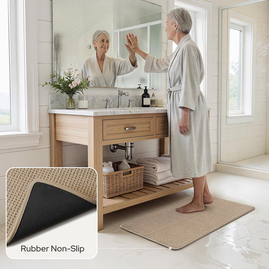 Bathroom Rugs Set 2 Piece Thin Non Slip, Beige 17"x24"+20"x32" | Rubber Backed, Absorbent Quick Dry Bath Rugs, Low