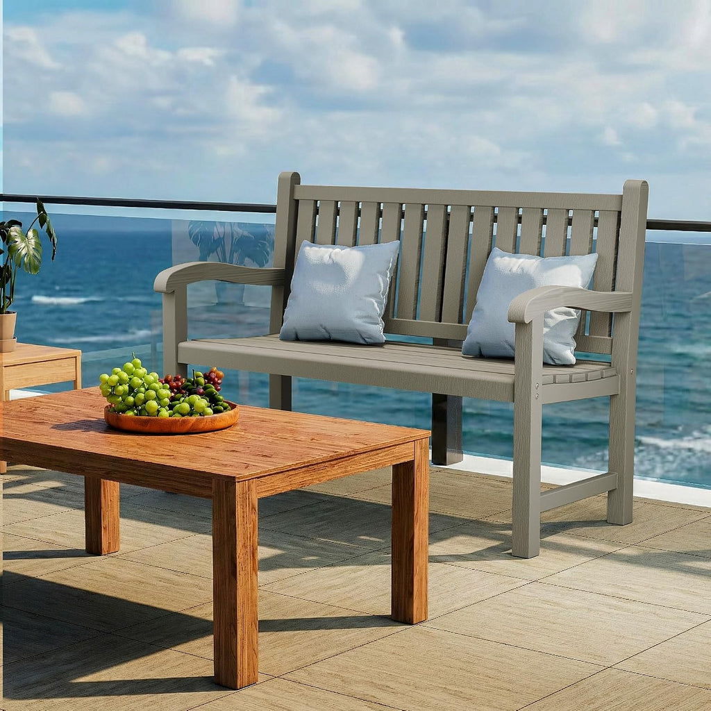 Outdoor Bench, 2-Person Resin Bench, Grey | Waterproof & Weatherproof, Ergonomic Design, For Porch, Deck, Patio