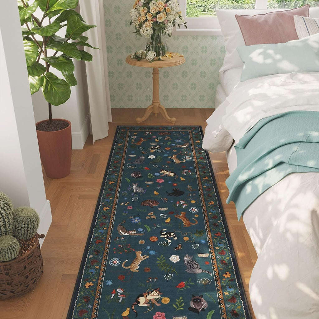 Runner Rug 2'7"x8' Washable Non Slip Floral Cat, Pearl Gentian Blue