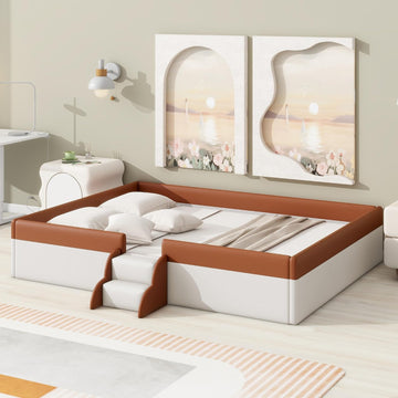 Queen Size Upholstered Daybed Frame with Fence and Stairs, Montessori Kids Floor Bed with Sturdy Slat Support for