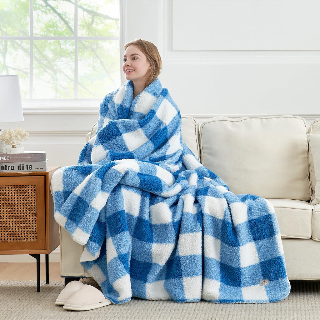Bliss Luxury Sherpa Throw Blanket for Couch, Premium Reversible Buffalo Plaid Thick Throw, Warm Cozy Soft Blanket and