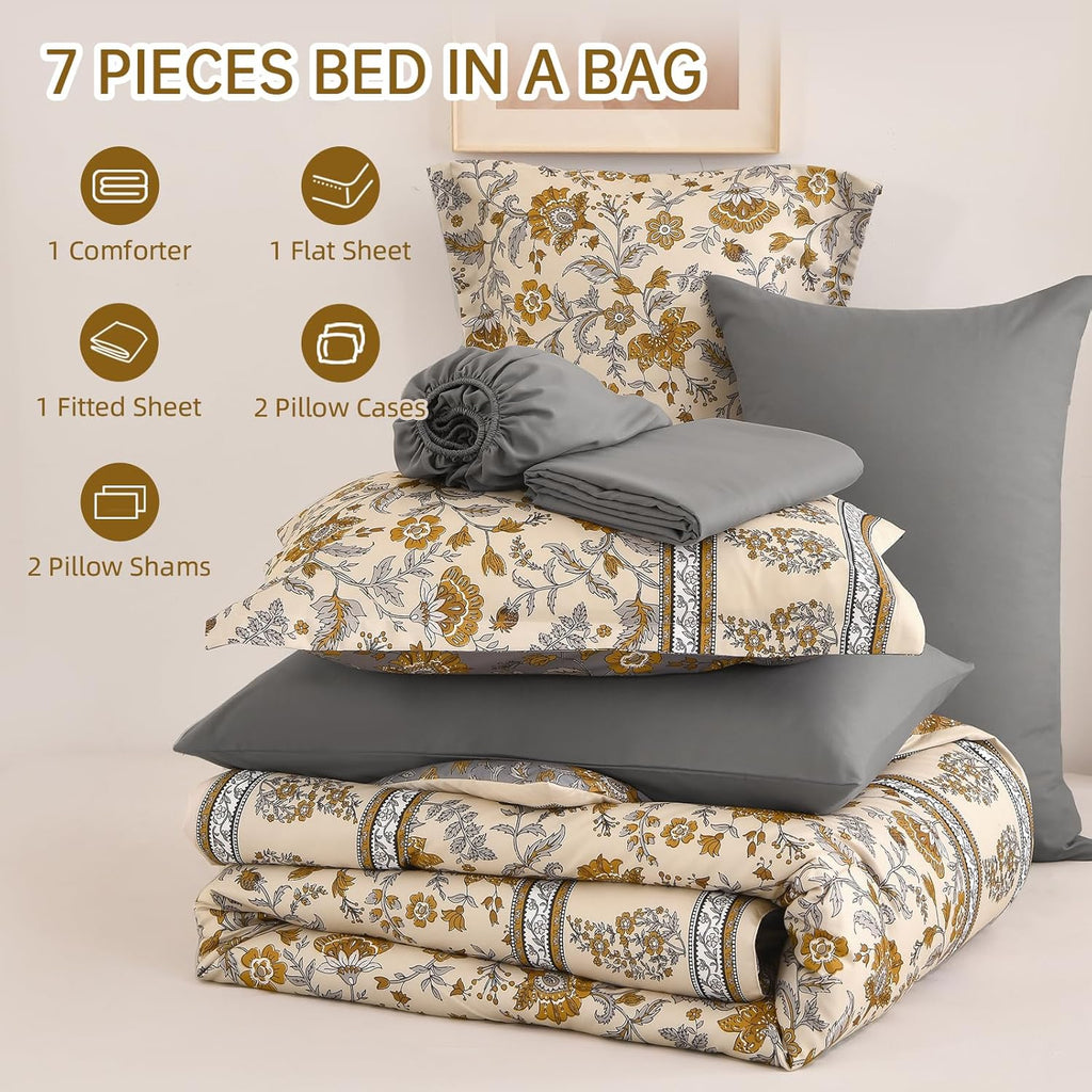 Boho Comforter Set,Beige Brown Bedding Paisley Floral 7 Piece Bed in a Bag Reversible Lightweight