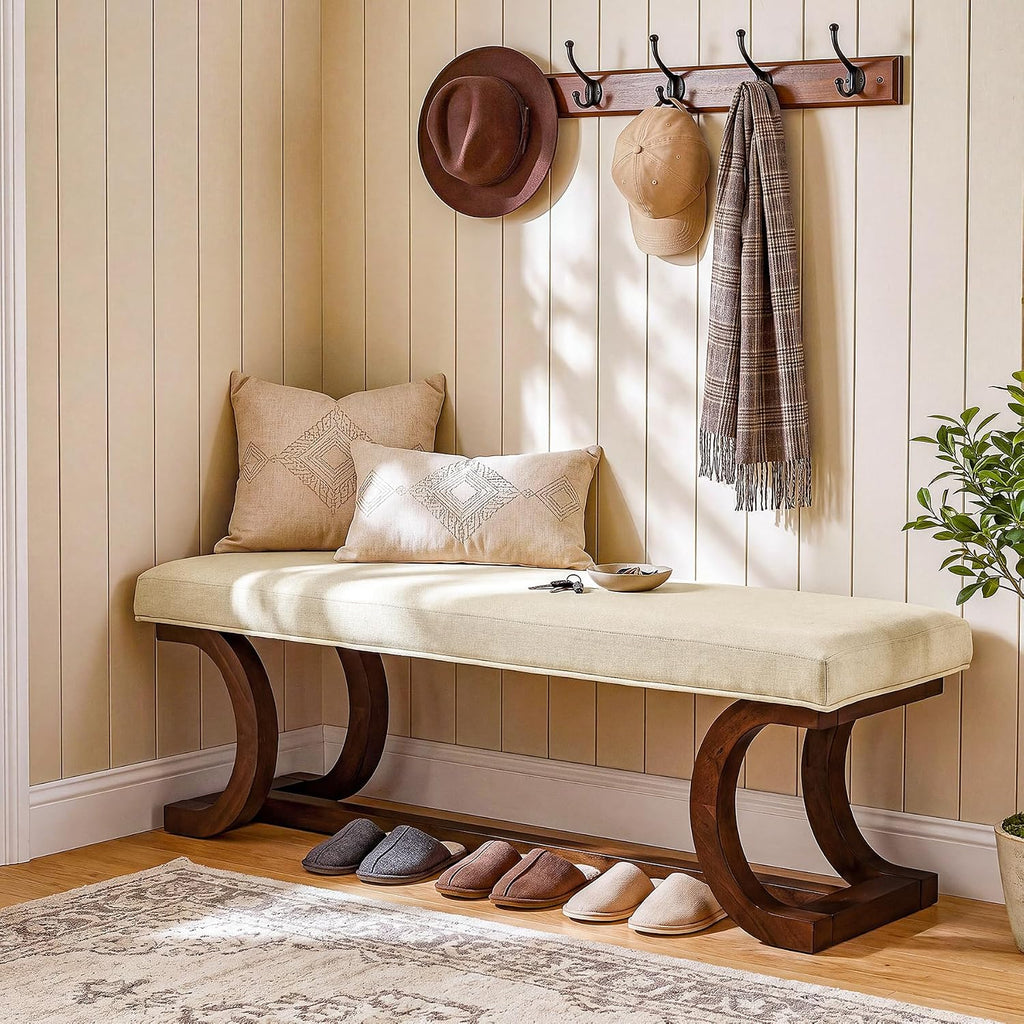 48-Inch Upholstered Bench, Solid Wood Entryway Bench with Soft Cushion, Mid-Century Accent Furniture for End of Bed