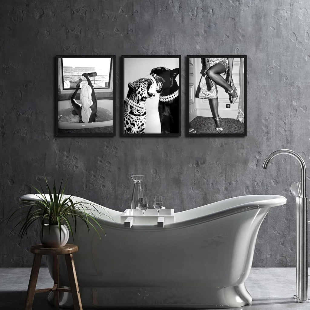 Framed Trendy Black and White Wall Art Set of 3, Fashionable Cheetah Wall Decor, Posters for Room Aesthetic, Modern
