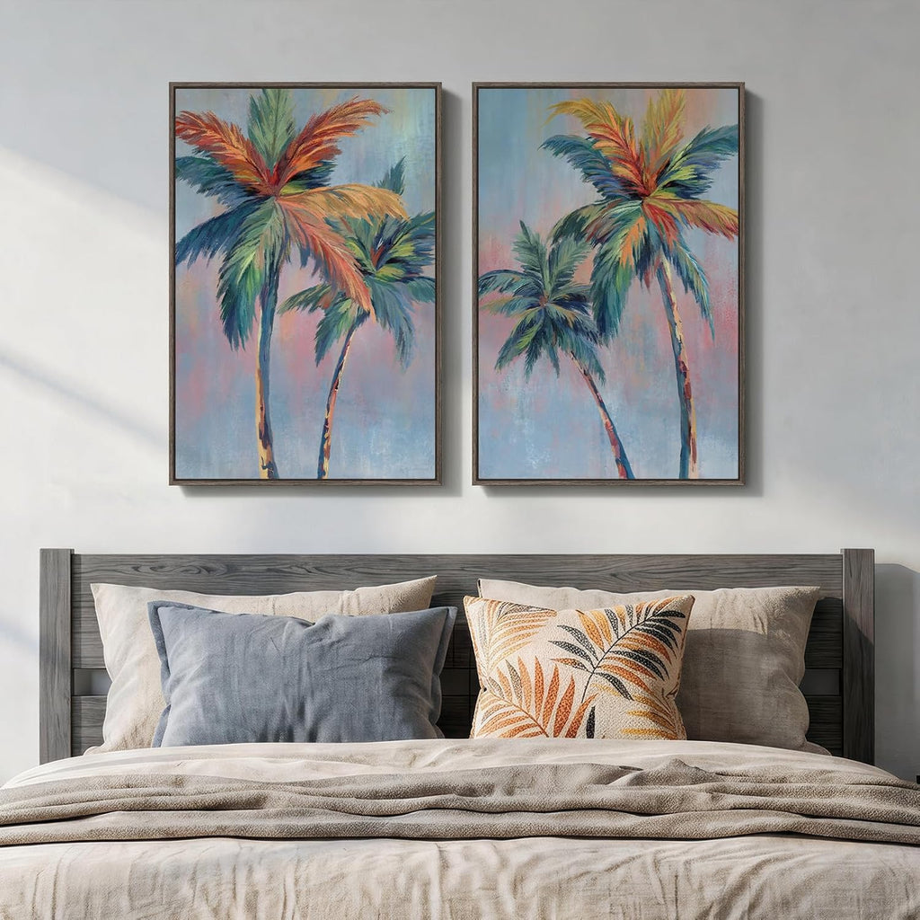 Large Framed Coastal Colorful Palm Tree Wall Art, 24x36 In - Set of 2