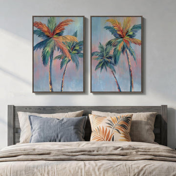 Large Framed Coastal Colorful Palm Tree Wall Art, 24x36 In - Set of 2