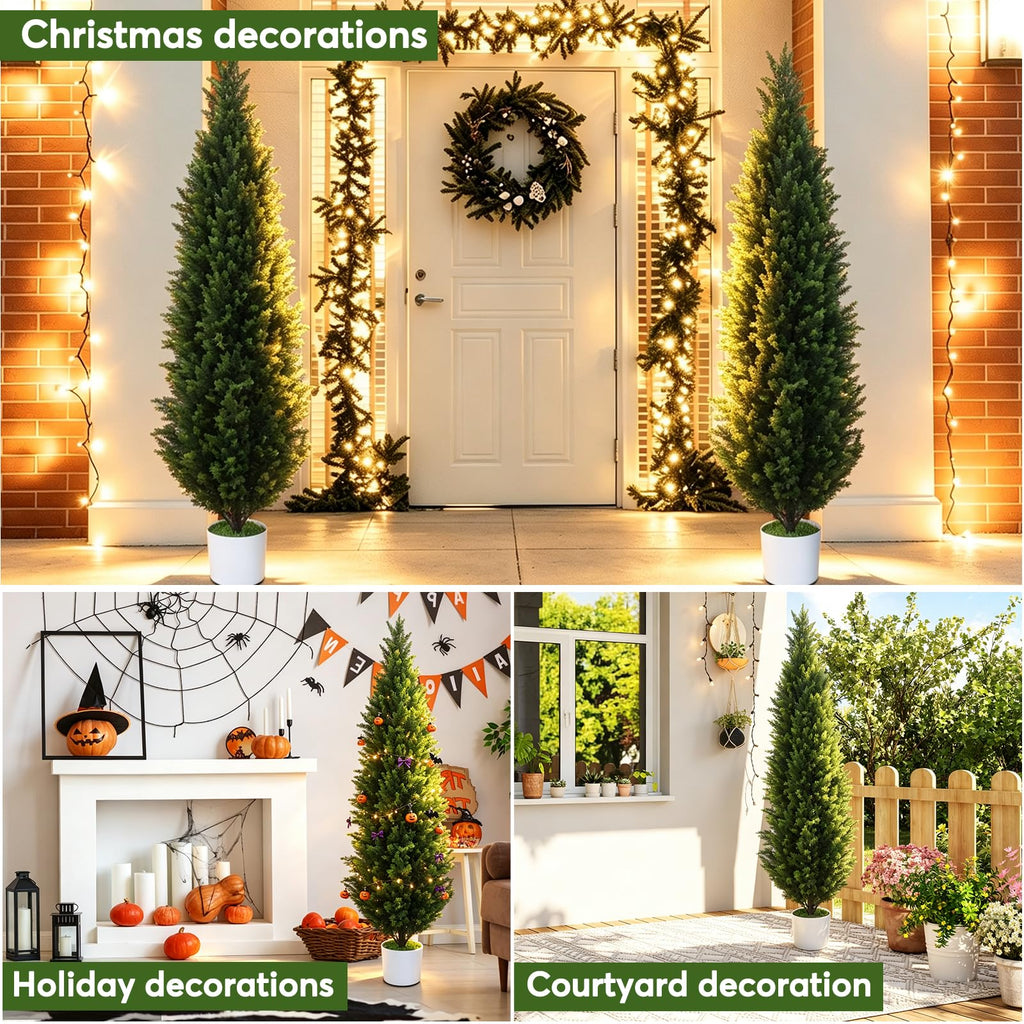 2 Pack 5Ft Artificial Cedar Topiary Tree w/ 2 Stake & Pot for Porch