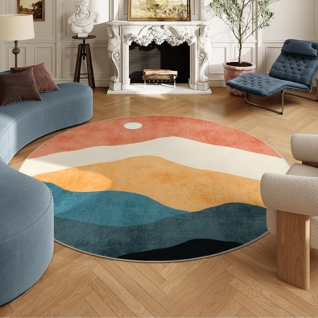 Mountain Round Rugs 8ft, Abstract Circle Rug for Living Room Non Slip Washable Bedroom Area Rug, Sof