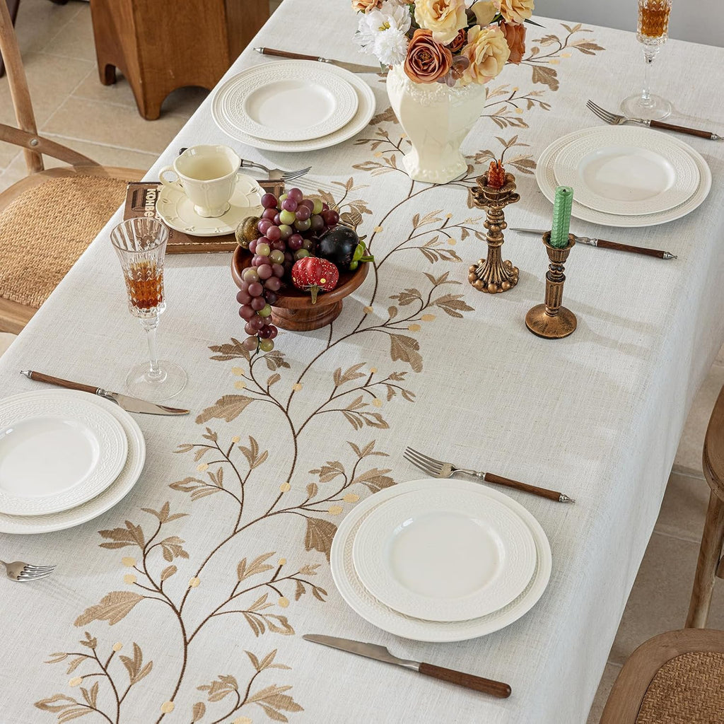 Rustic Waterproof Linen Tablecloth, Heavy Weight Beige Embroidery Table Cloths for Rectangle Tables,