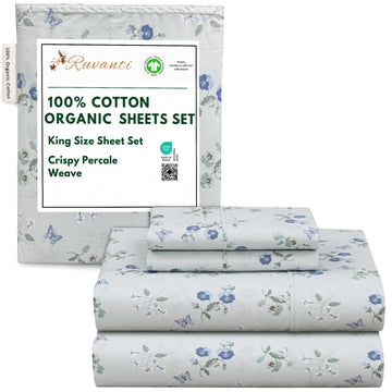 100% Cotton Organic Percale King Size Sheets Set, Butter Flight