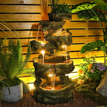 40" H Outdoor Water Fountain with 5 Tiers Large Cascading Realistic Tree Trunk Waterfall Fountains with LED Lights