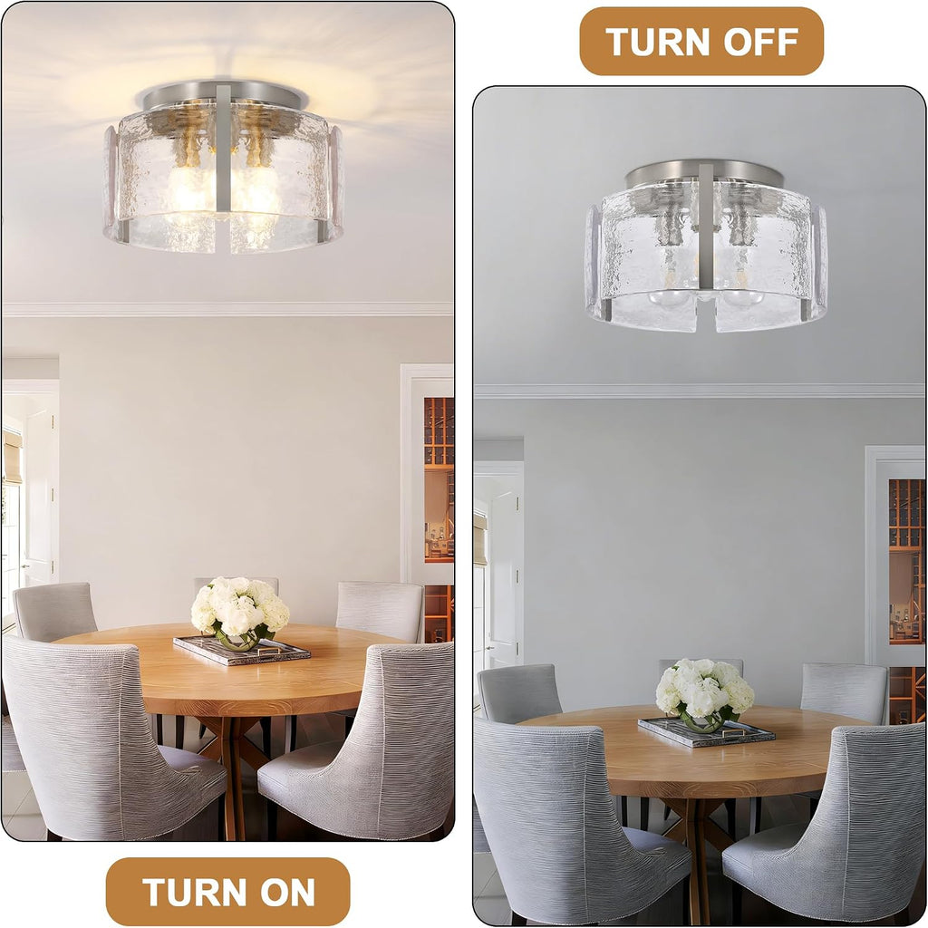 Brushed Nickel 3-Light Semi Flush Mount Ceiling Light, 15'' Modern Dimmable Hallway Fixture with Hammered Glass