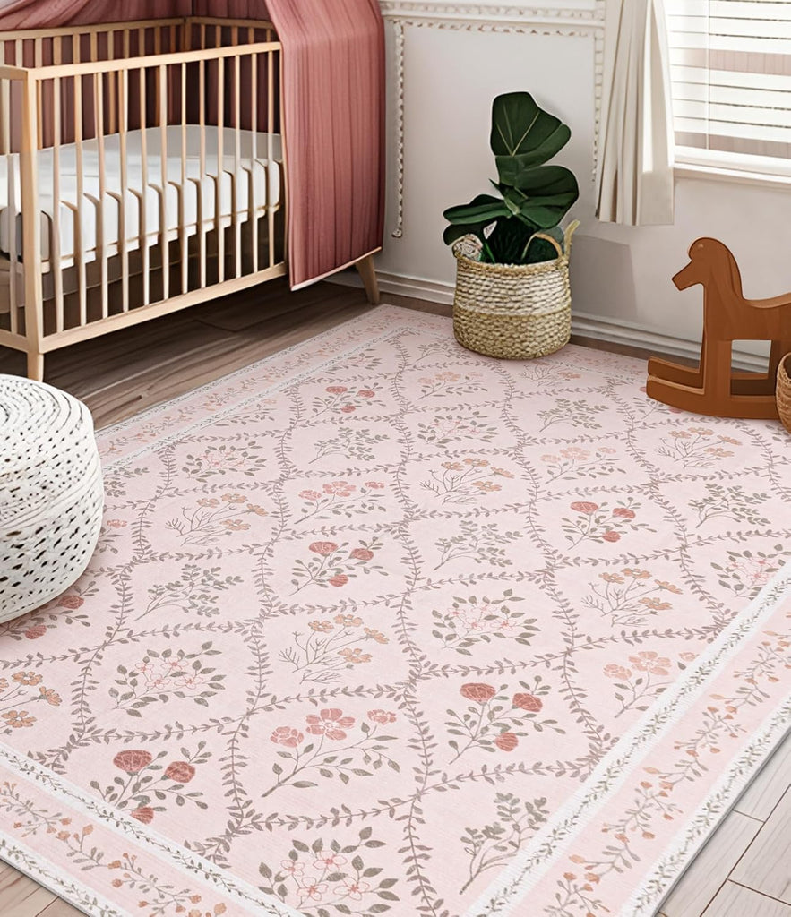 Pink Floral Rug for Bedroom Girls, Washable Area Rugs for Living Room Non Slip Ultra-Thin, Soft Throw Carpet for Nursery, Kids Playroom, Classroom, Home Office Decor