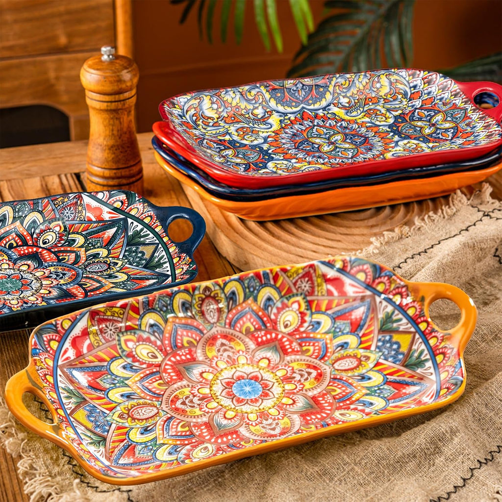 Boho Ceramic Serving Platters with Handles Set of 4, 12Inch Large Serving Dishes for Entertaining, Colorful Cute