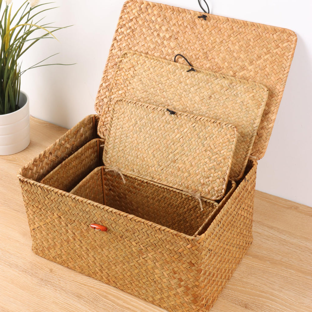 Wicker Shelf Baskets with Lid, Natural Seagrass Storage Basket Box