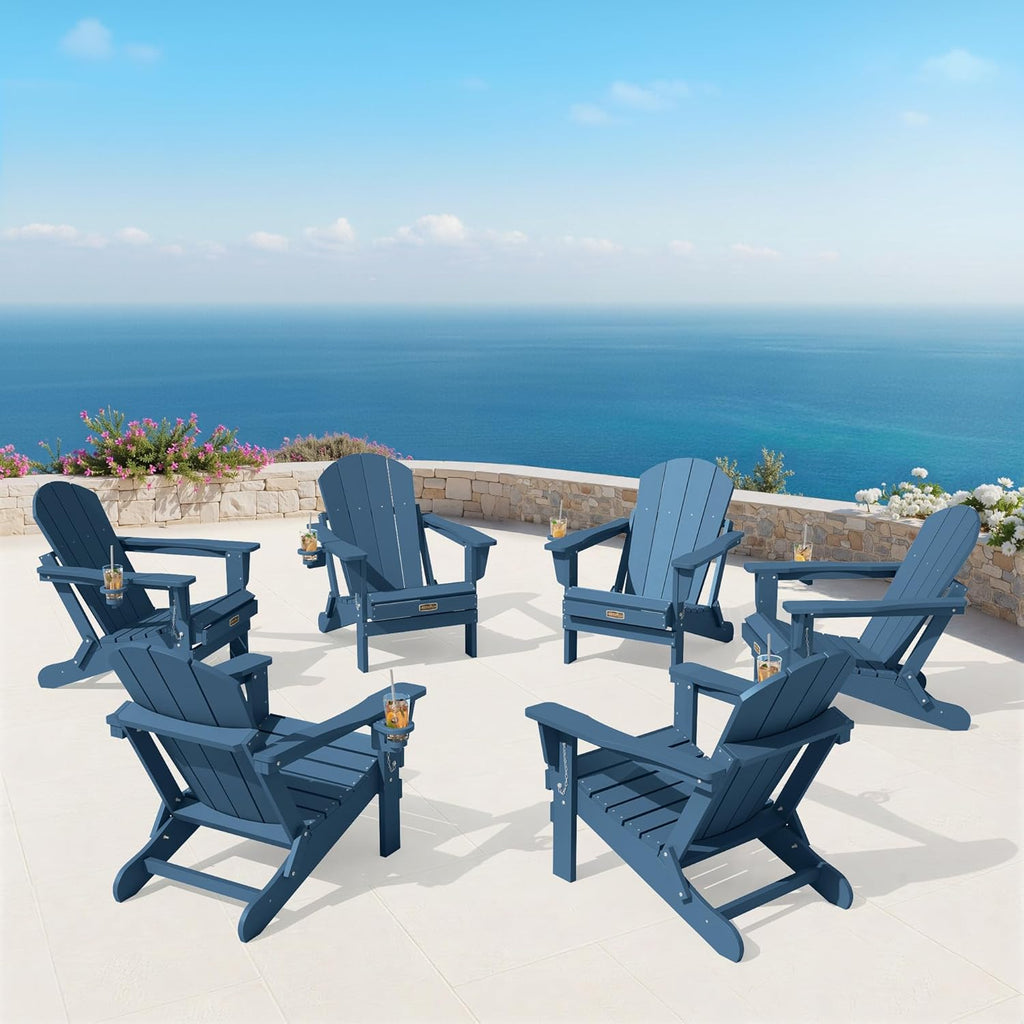 Folding Adirondack Chair Set of 4 with Cup Holder for Fire Pit-Blue | Foldable Adirondack Chairs Garden Outdoor
