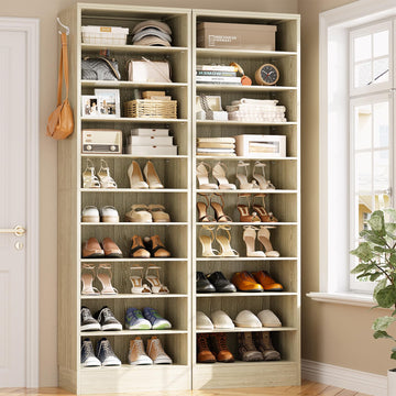 10 Tiers Narrow Shoe Cabinet Set of 2, 35.4" Tall Wood Shoe Rack, Shoe Storage Organizer with Open Storage, Vertical