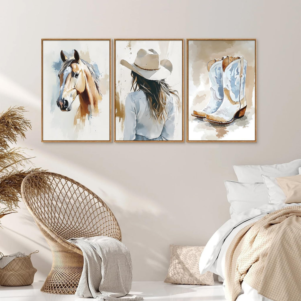 Large Western Cowgirl Posters Framed Canvas Wall Art Set, Blue and White Horse Wall Decor, Glam Rodeo Boots Art