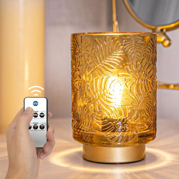 Battery Operated Small Cordless Table Lamps with Remote Control, Dimmable Brightness Wireless Lamp with Timer, Glass