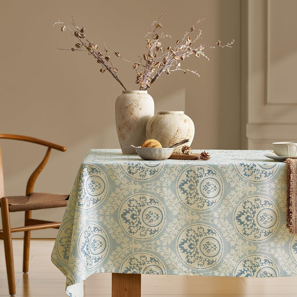 Vintage Blue Printed Tablecloths Rectangular: Floral Linen Farmhouse Table Cloth - Damask Patterned 
