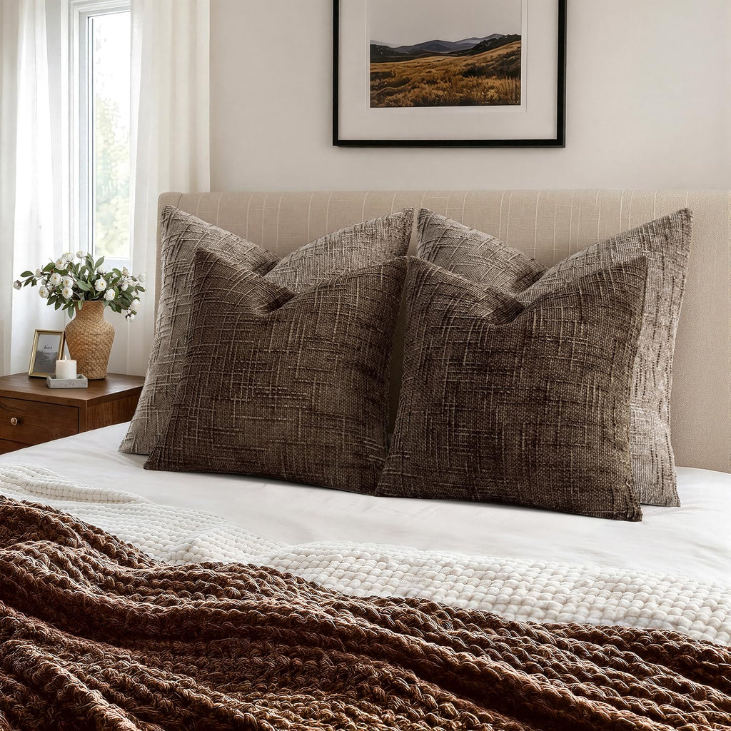 Chenille Textured Throw Pillow Covers Reddish Brown 20x20 Set of 2