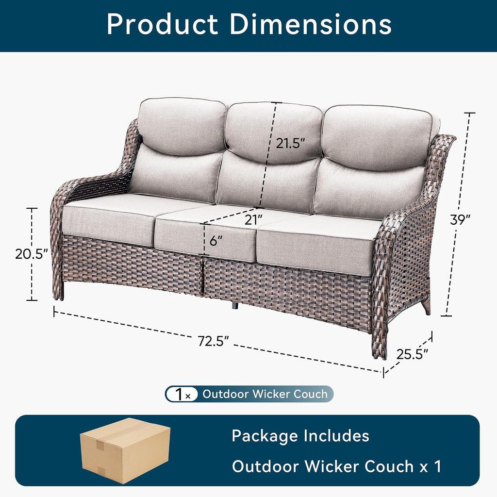 Luxury Outdoor Patio Furniture Set-Wicker High Backrest 3-Seat Patio Sofa with Comfy 6" Cushion, Rattan Couch with