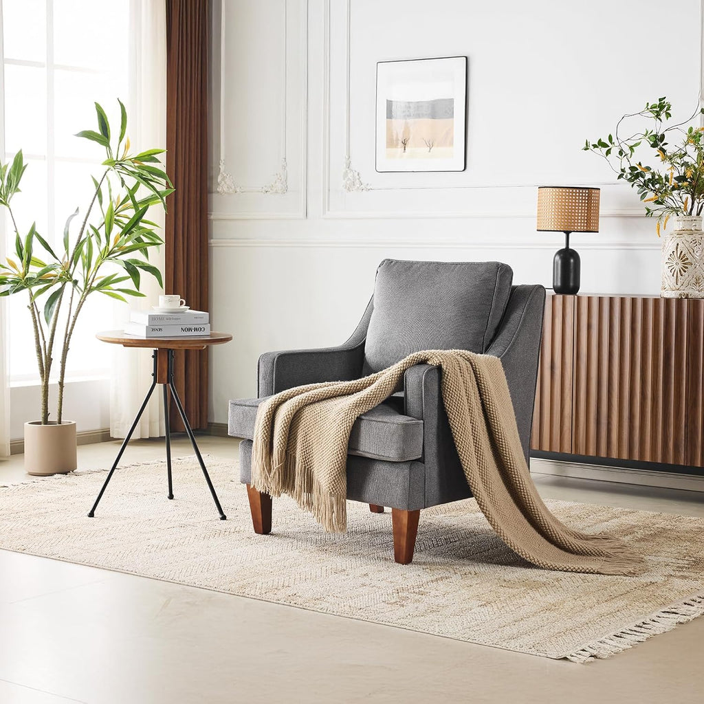 Mid-Century Modern Accent Chair, Light Grey Upholstered Armchair Comfy Sofa Chair Reading Chair High Back Bedroom