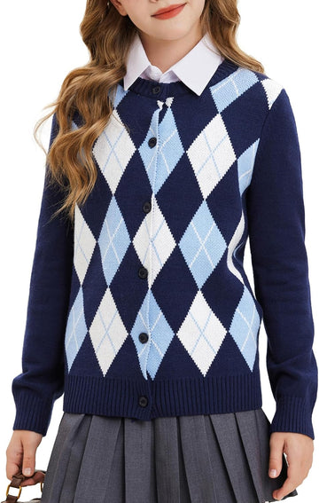 Sweater Button Argyle Knit School Uniform
