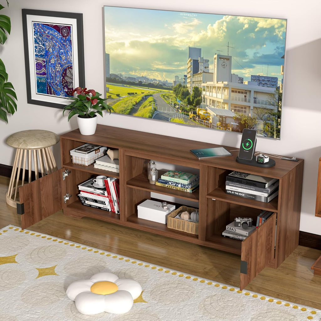 Fluted TV Stand for Tvs up to 80",Mid Century Modern TV Stand with Open Adjustable Shelf,Entertainment Center Wood TV