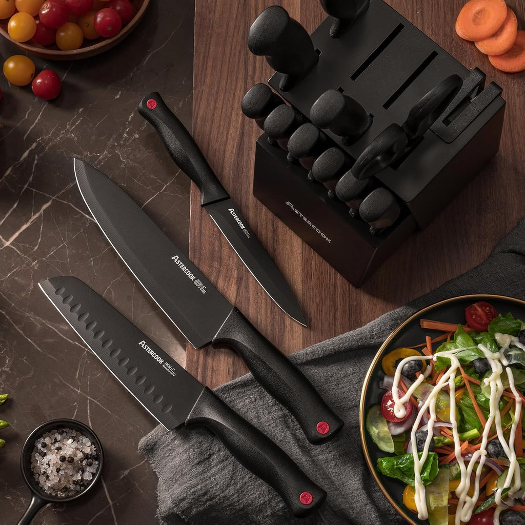 Knife Set with Block and Sharpener 15pcs German | Stainless Steel Kitchen Utensils Set Dishwasher Safe