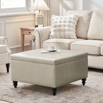 Square Storage Ottoman, Tufted Leather Ottoman (Khaki)